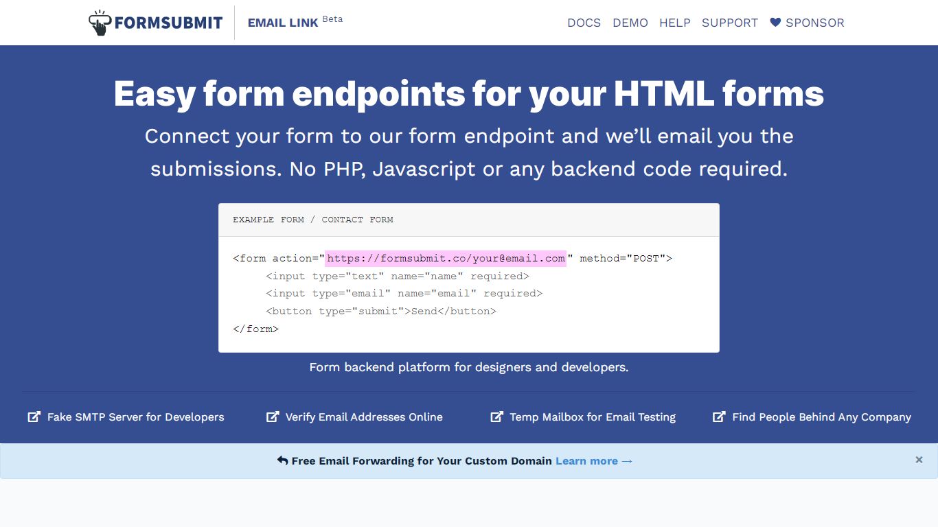 FormSubmit | Easy to use form backend - form endpoints for your HTML forms